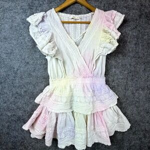 LoveShackFancy Tiered Mini Dress Small Pastel Tie Dye Ruffle Sleeve Crochet Lace